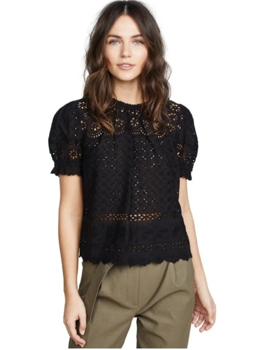 Ulla Johnson Desi Eyelet Lace Short Sleeve Top In  Black